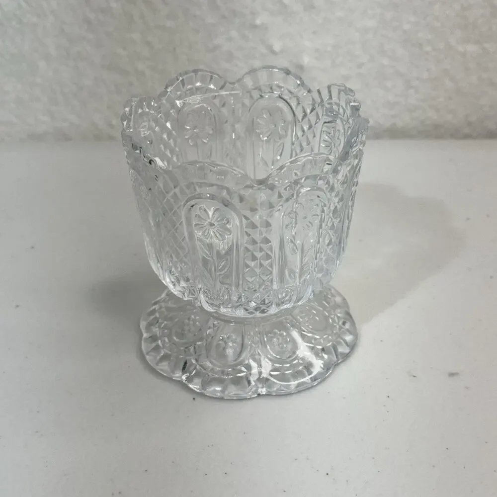 AVON Fostoria “Daisy & Diamond” Clear Glass Footed Candle Holder Candy Dish VTG